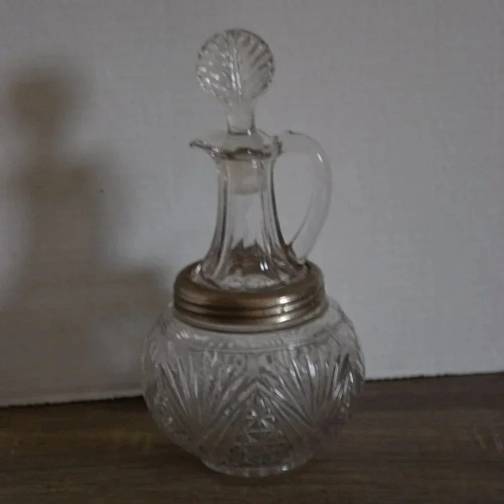 Vtg Glass and Metal Decanter with Stopper